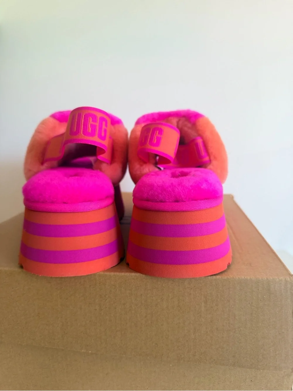 UGG Checker Pink and Orange Platform Fluff Slides